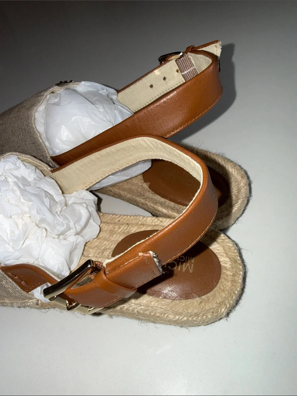 MICHAEL Michael Kors Fisher Metallic Gold Linen Espadrille Sandals | Size 6.5